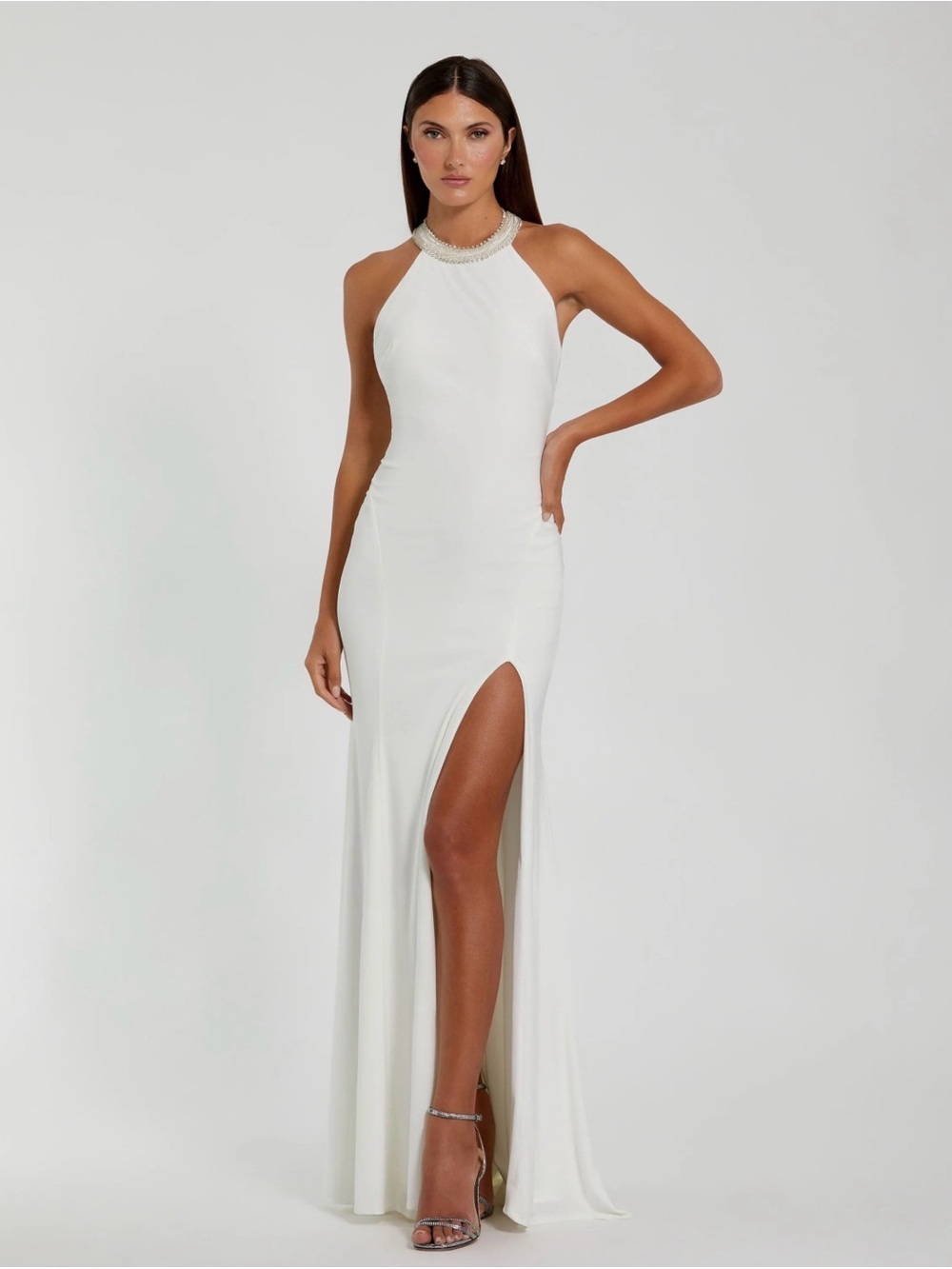 Mac Duggal White Halter Gown with Beaded Neckline and High Leg Slit